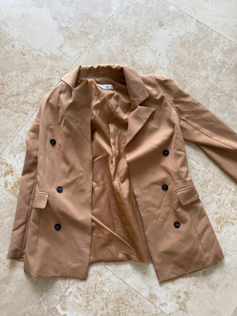 DO+BE Double-Breasted Camel Blazer with Black Buttons